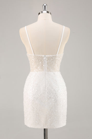 Sparkly Sequins White Bodycon Spaghetti Straps Short Graduation Dress